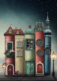Illustration of houses built from books against starry sky-7