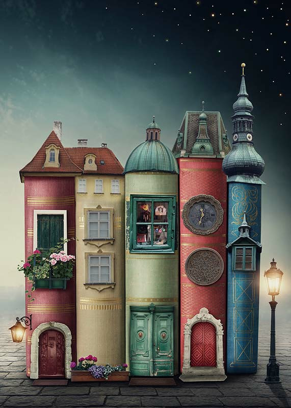 Illustration of houses built from books against starry sky-12