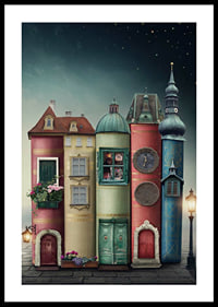 Illustration of houses built from books against starry sky-0