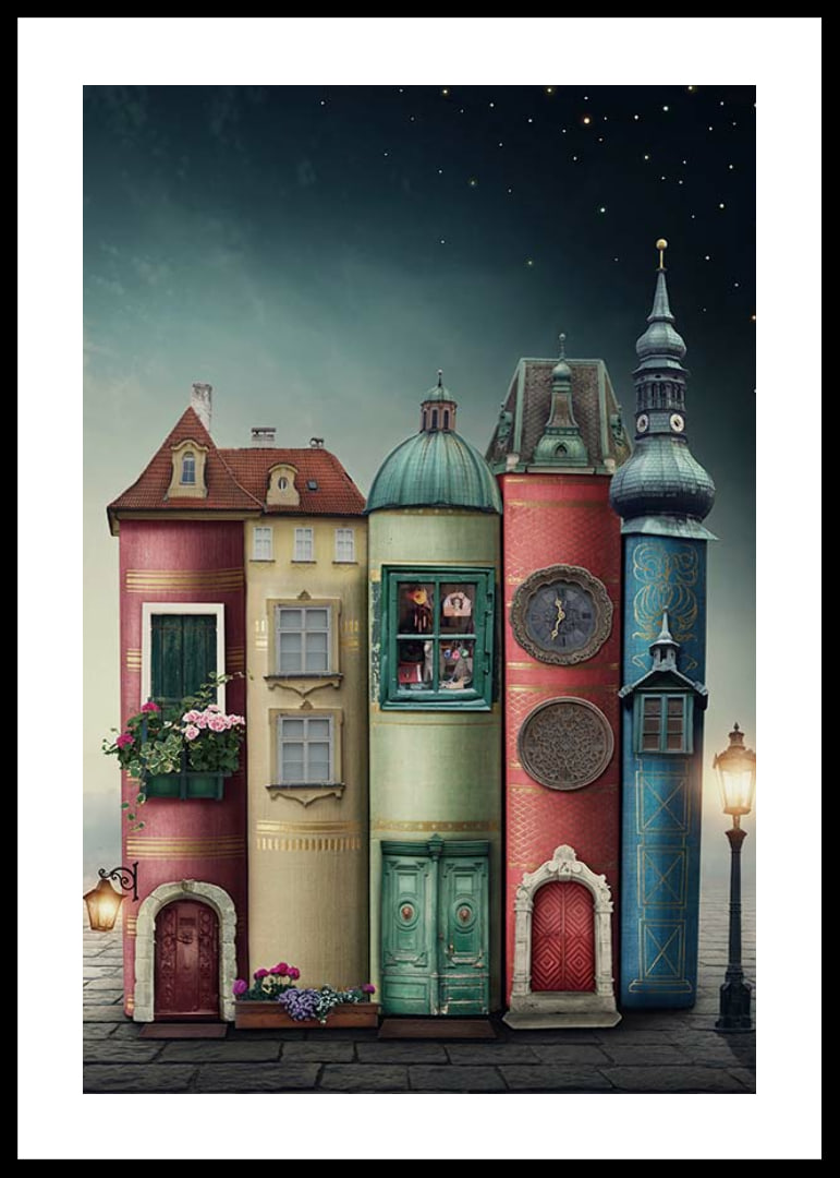 Illustration of houses built from books against starry sky-12