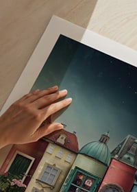 Illustration of houses built from books against starry sky-9