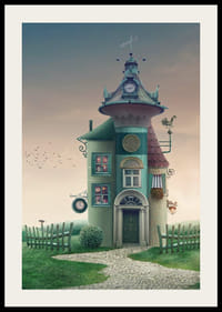 Illusztrált fantáziaház toronnyal és zöld részletekkel a réten-2