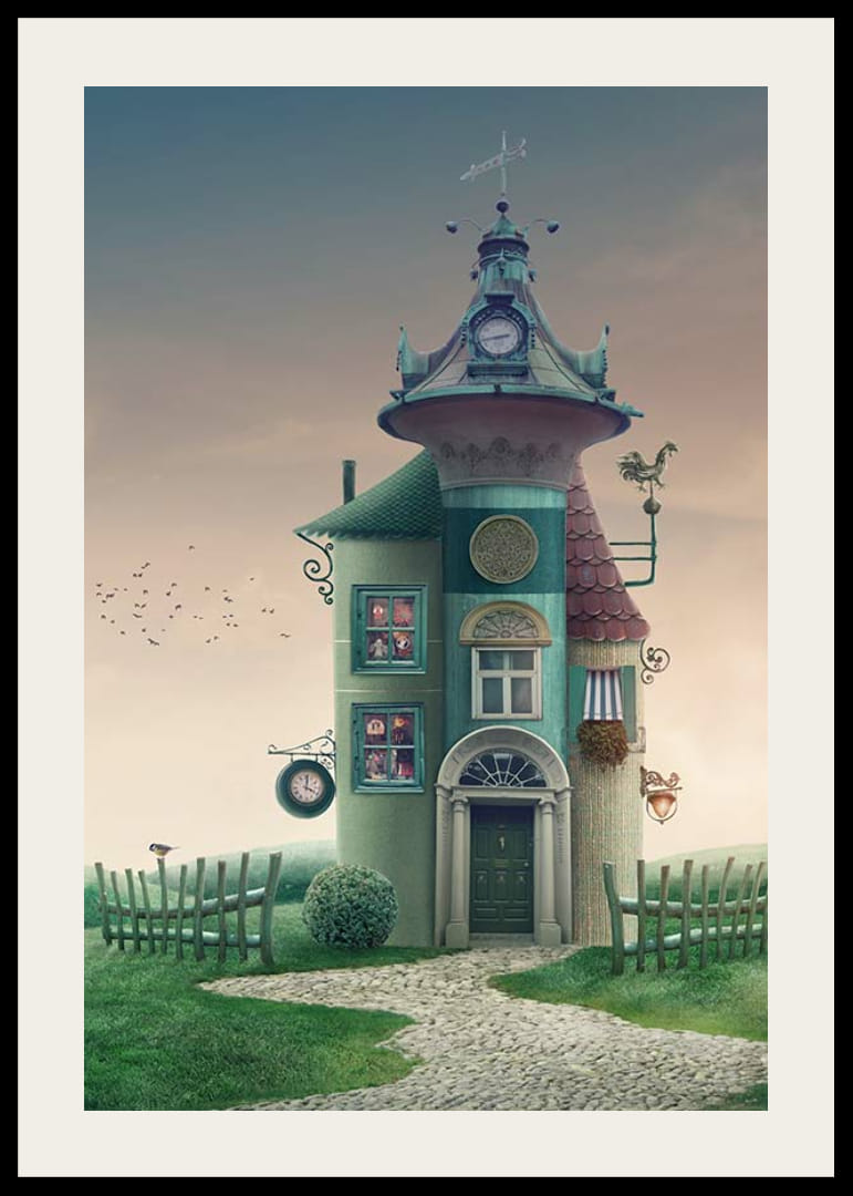 Illusztrált fantáziaház toronnyal és zöld részletekkel a réten-12