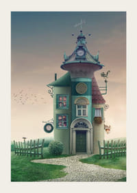 Illusztrált fantáziaház toronnyal és zöld részletekkel a réten-3