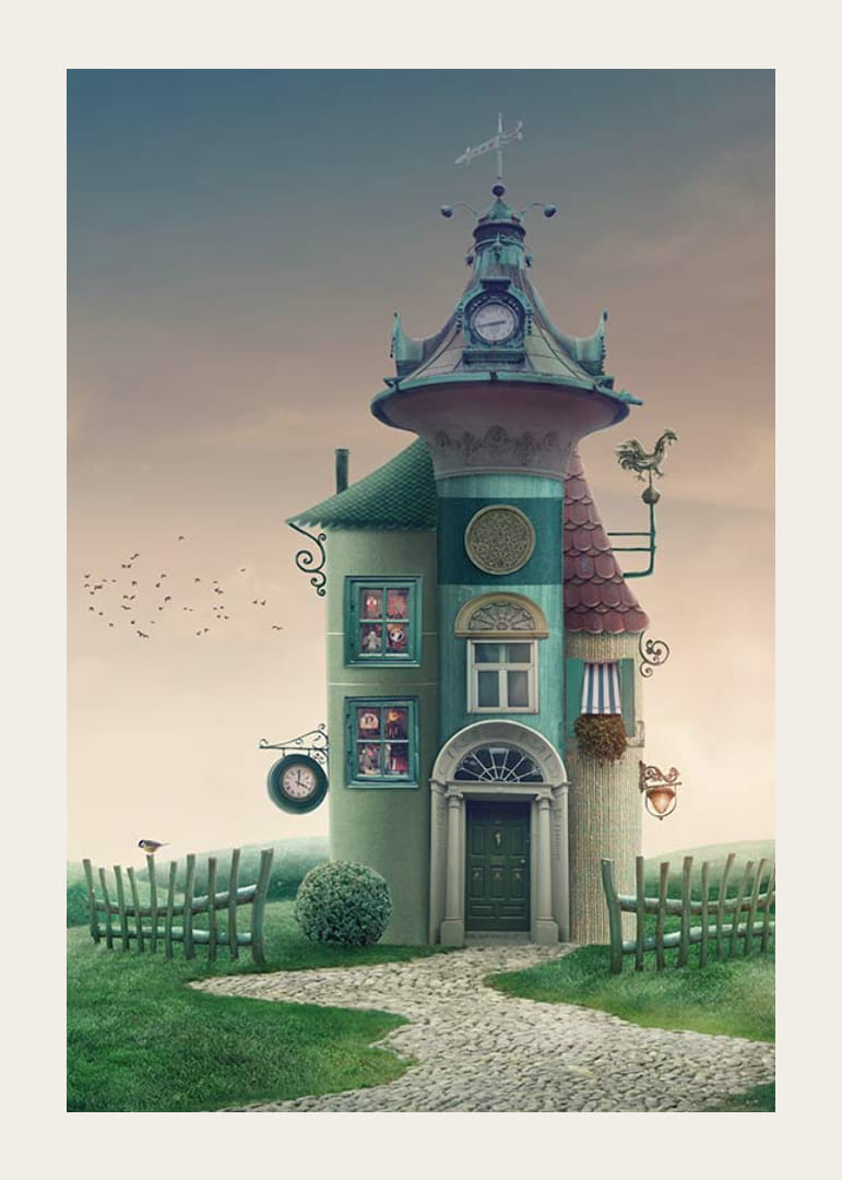 Illusztrált fantáziaház toronnyal és zöld részletekkel a réten-12