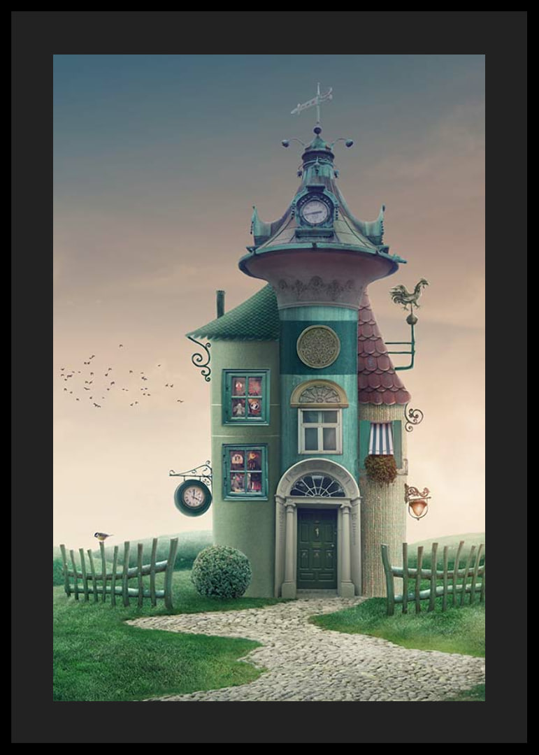 Illustrated fantasy house with tower and green details on meadow-12