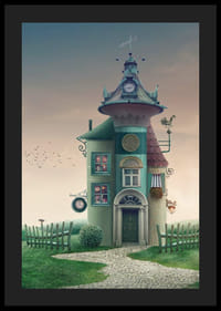 Illusztrált fantáziaház toronnyal és zöld részletekkel a réten-4