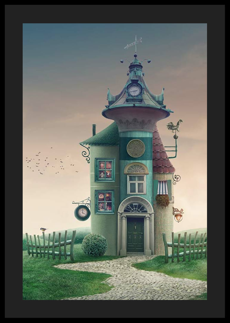 Illusztrált fantáziaház toronnyal és zöld részletekkel a réten-12