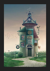 Illustrated fantasy house with tower and green details on meadow-5