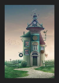 Illusztrált fantáziaház toronnyal és zöld részletekkel a réten-5