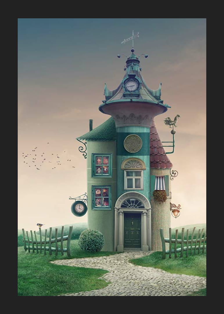 Illusztrált fantáziaház toronnyal és zöld részletekkel a réten-12