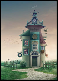 Illustrated fantasy house with tower and green details on meadow-6