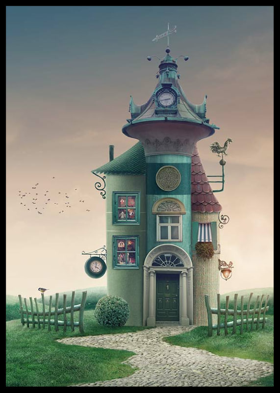 Illustrated fantasy house with tower and green details on meadow-12