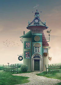 Illustrated fantasy house with tower and green details on meadow-7