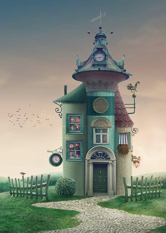 Illustrated fantasy house with tower and green details on meadow-12