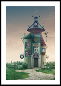 Illustrated fantasy house with tower and green details on meadow-0