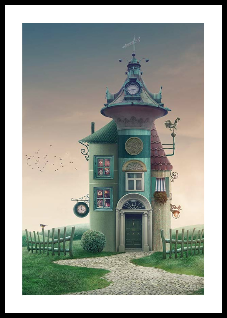 Illustrated fantasy house with tower and green details on meadow-12
