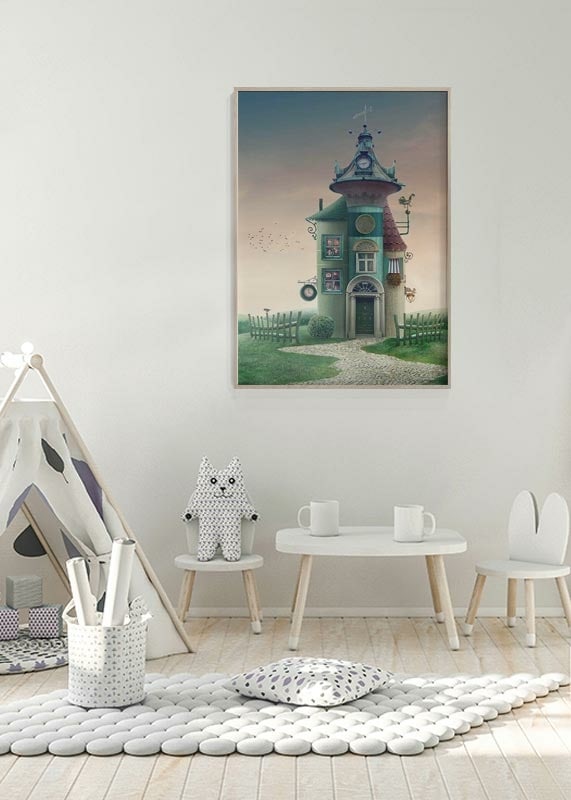 Illustrated fantasy house with tower and green details on meadow-12