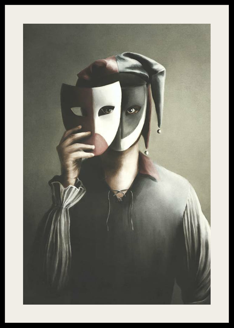 Mies narrin asussa, jossa on kaksisävyinen naamio ja hillityt värit-12