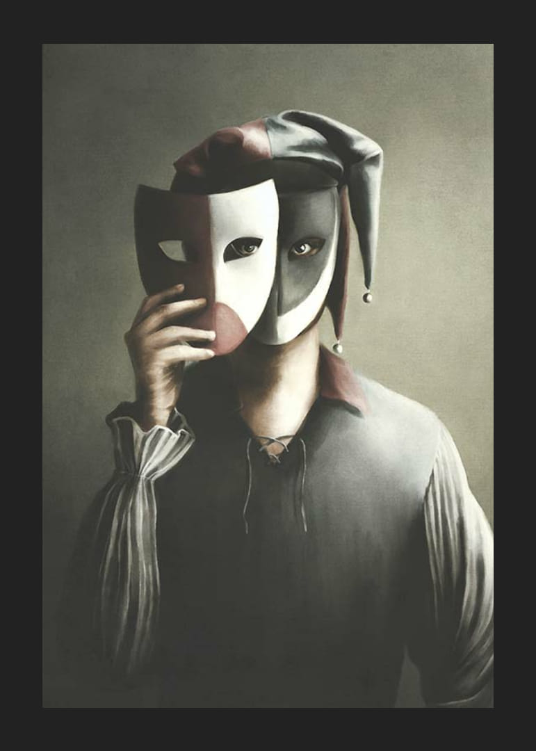 Mies narrin asussa, jossa on kaksisävyinen naamio ja hillityt värit-12