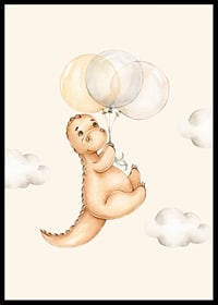 Illustrated dinosaur with balloons among soft clouds-6