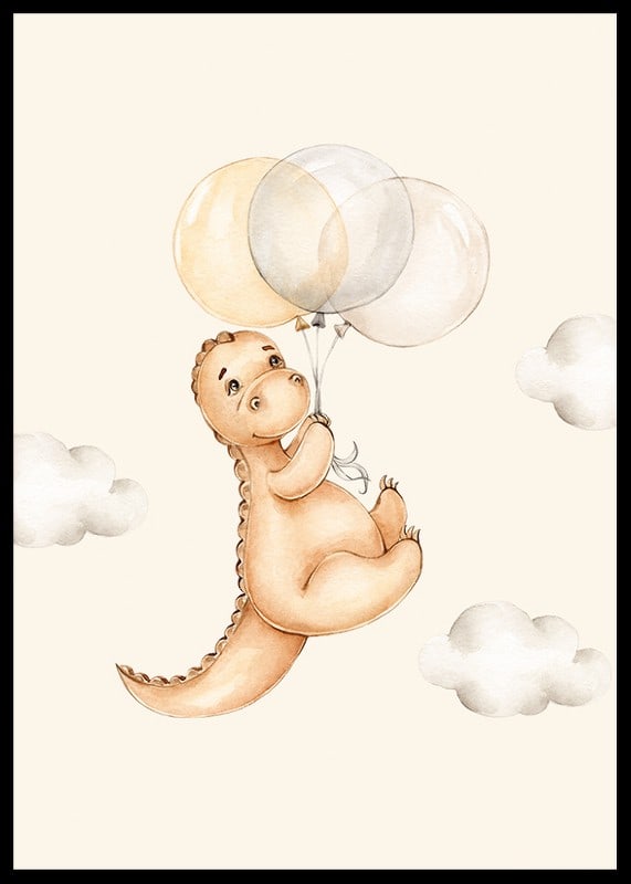 Illustrated dinosaur with balloons among soft clouds-12