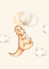 Illustrated dinosaur with balloons among soft clouds-7