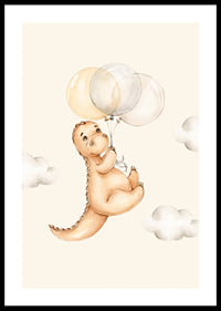 Illustrated dinosaur with balloons among soft clouds-0