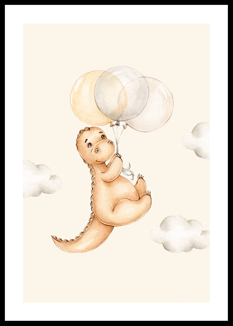 Illustrated dinosaur with balloons among soft clouds-12