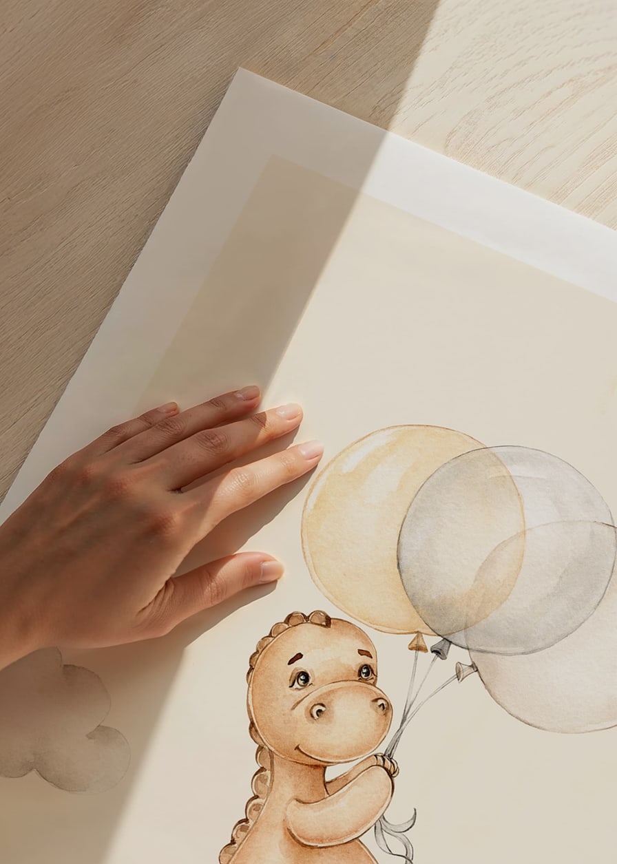 Illustrated dinosaur with balloons among soft clouds-12