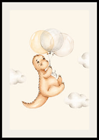 Illustrated dinosaur with balloons among soft clouds-2