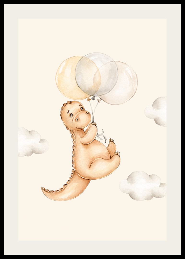 Illustrated dinosaur with balloons among soft clouds-12