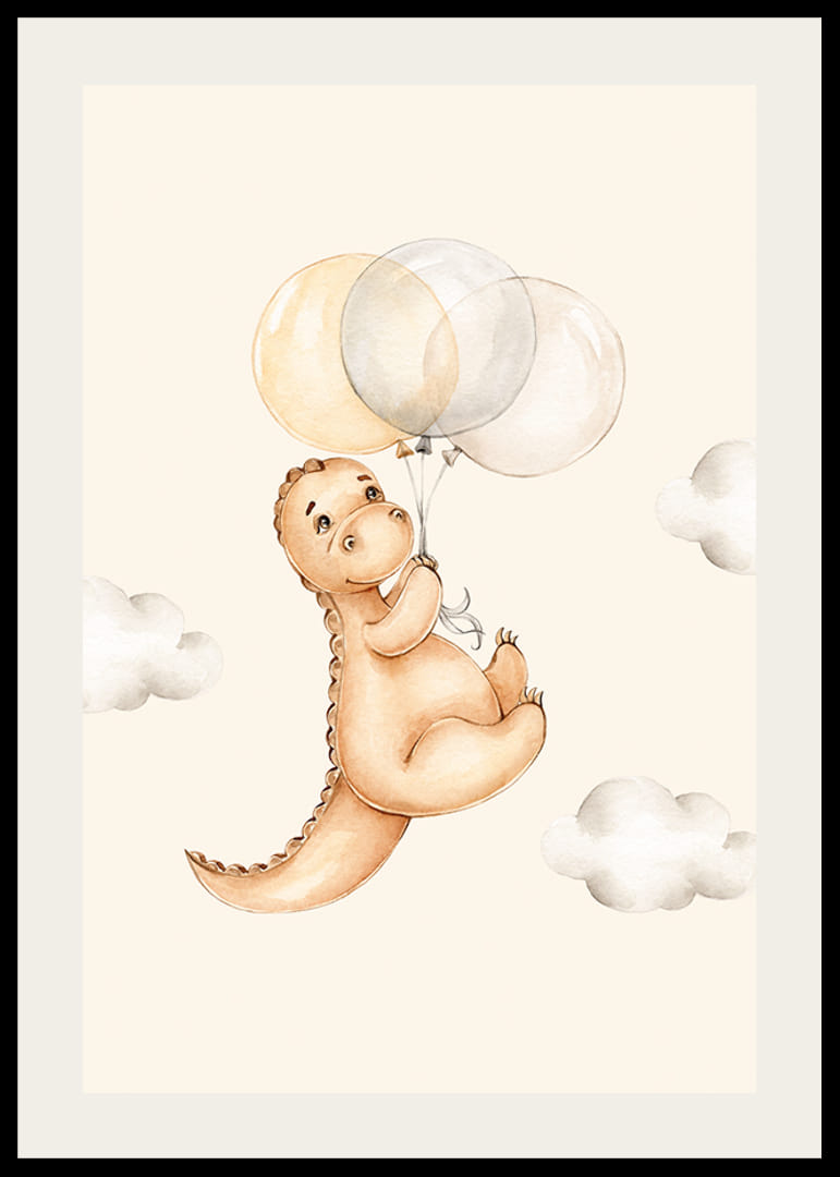 Illusztrált dinoszaurusz léggömbökkel a puha felhők között-12