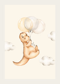 Illustrated dinosaur with balloons among soft clouds-3