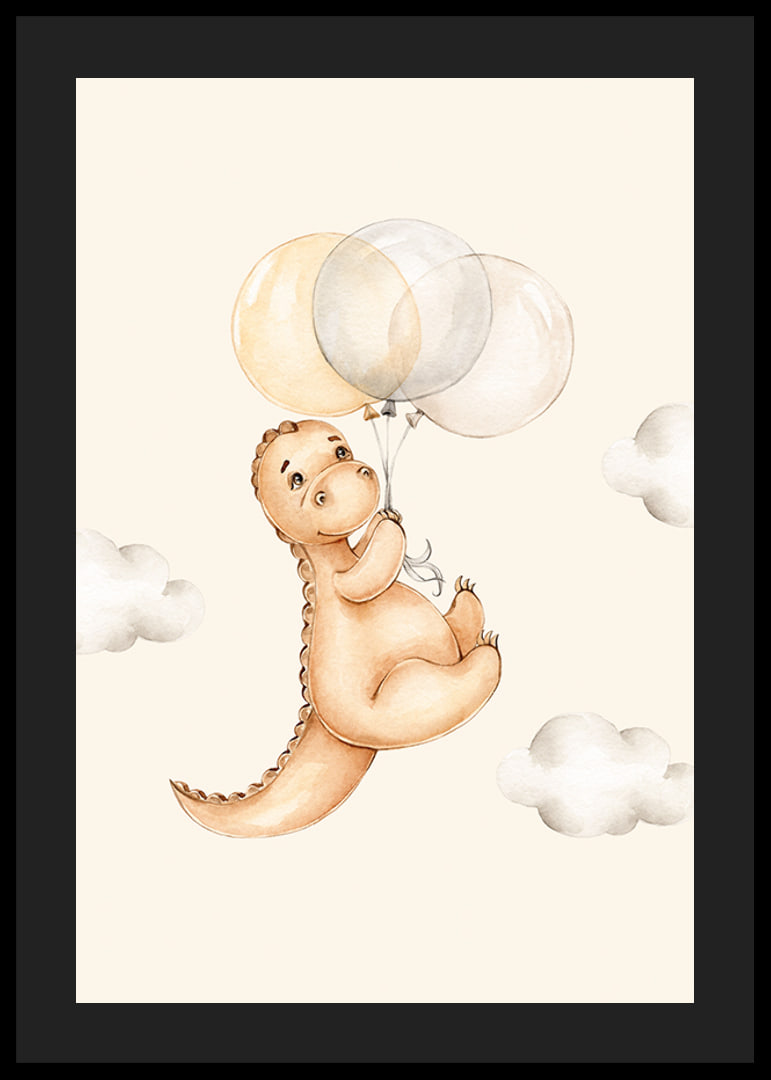 Illustrated dinosaur with balloons among soft clouds-12