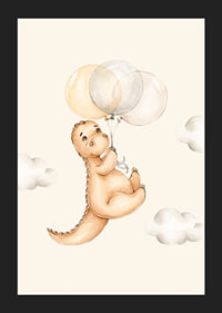 Illustrated dinosaur with balloons among soft clouds-5