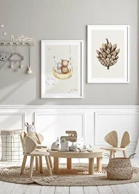 Watercolor illustration of rabbit and bear on moon swing-8