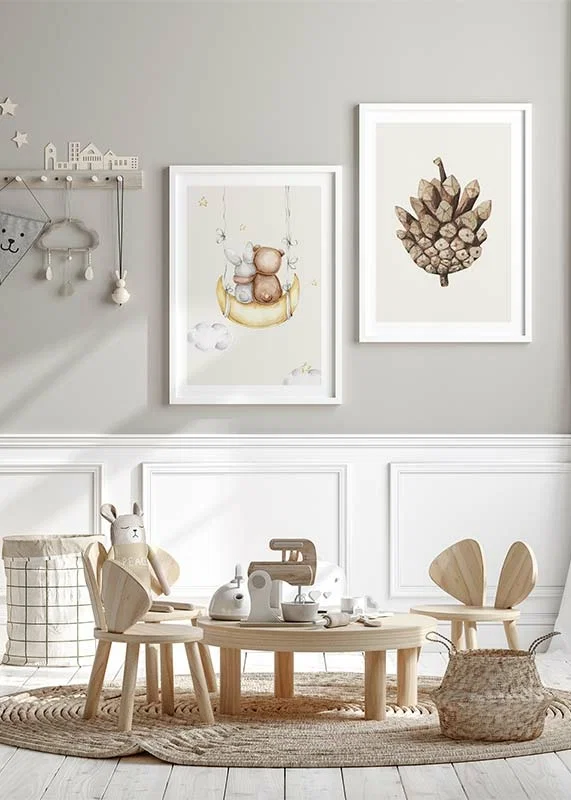 Watercolor illustration of rabbit and bear on moon swing-12