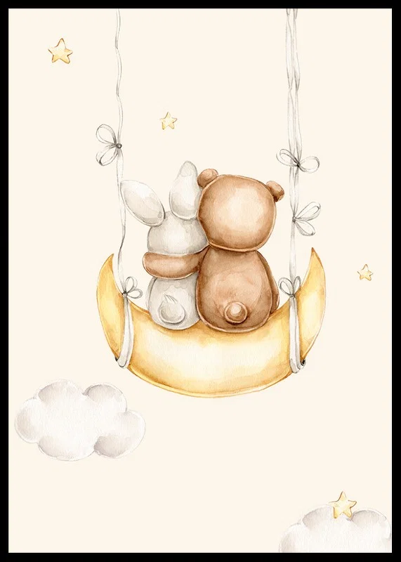 Watercolor illustration of rabbit and bear on moon swing-12
