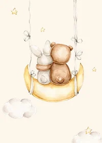 Watercolor illustration of rabbit and bear on moon swing-7