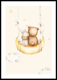 Watercolor illustration of rabbit and bear on moon swing-0