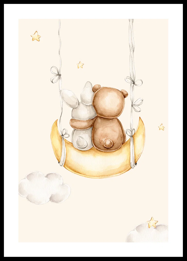 Watercolor illustration of rabbit and bear on moon swing-12