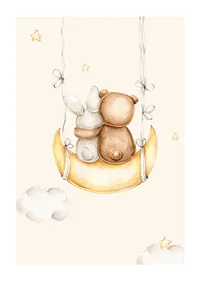 Watercolor illustration of rabbit and bear on moon swing-1