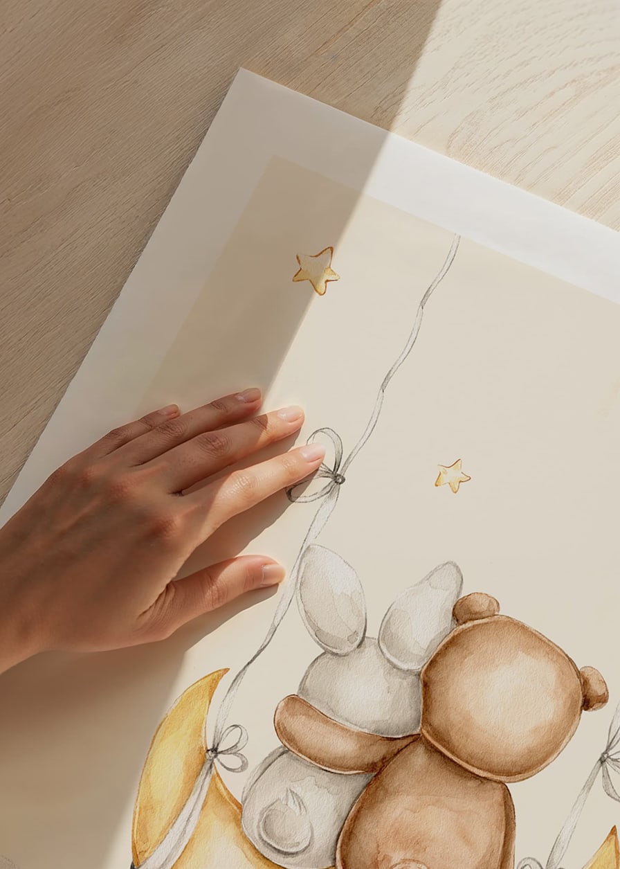 Illustrazione ad acquerello di un coniglio e di un orso su un'altalena lunare-12