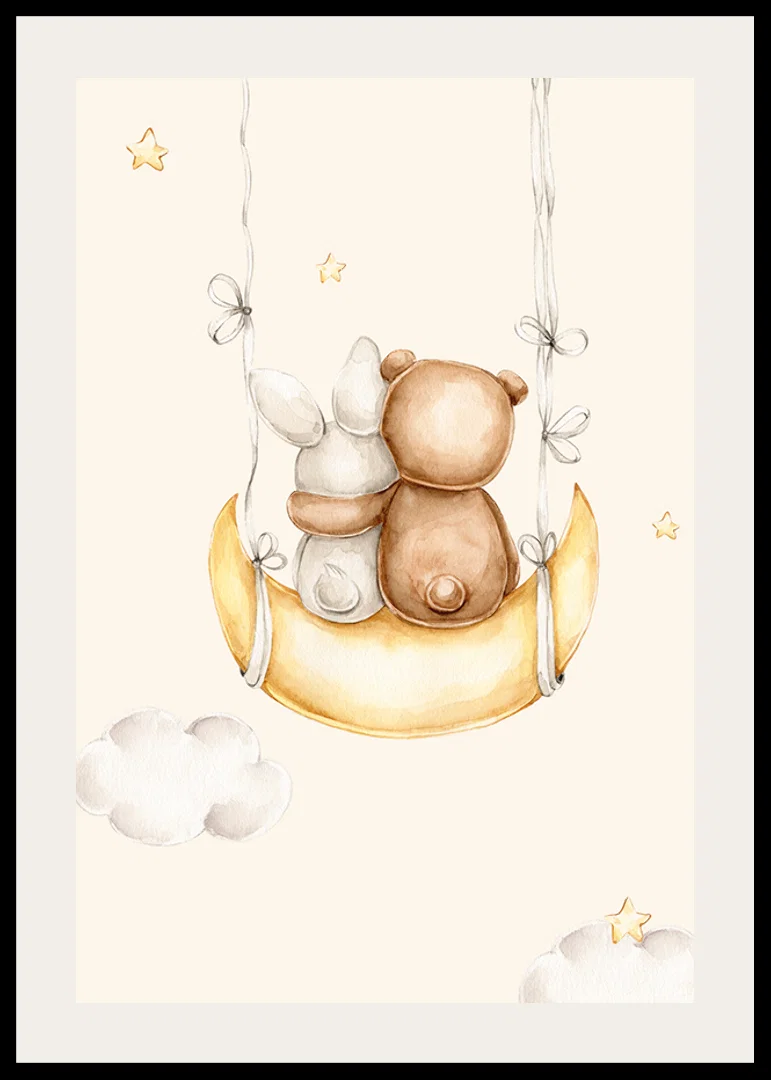 Watercolor illustration of rabbit and bear on moon swing-12