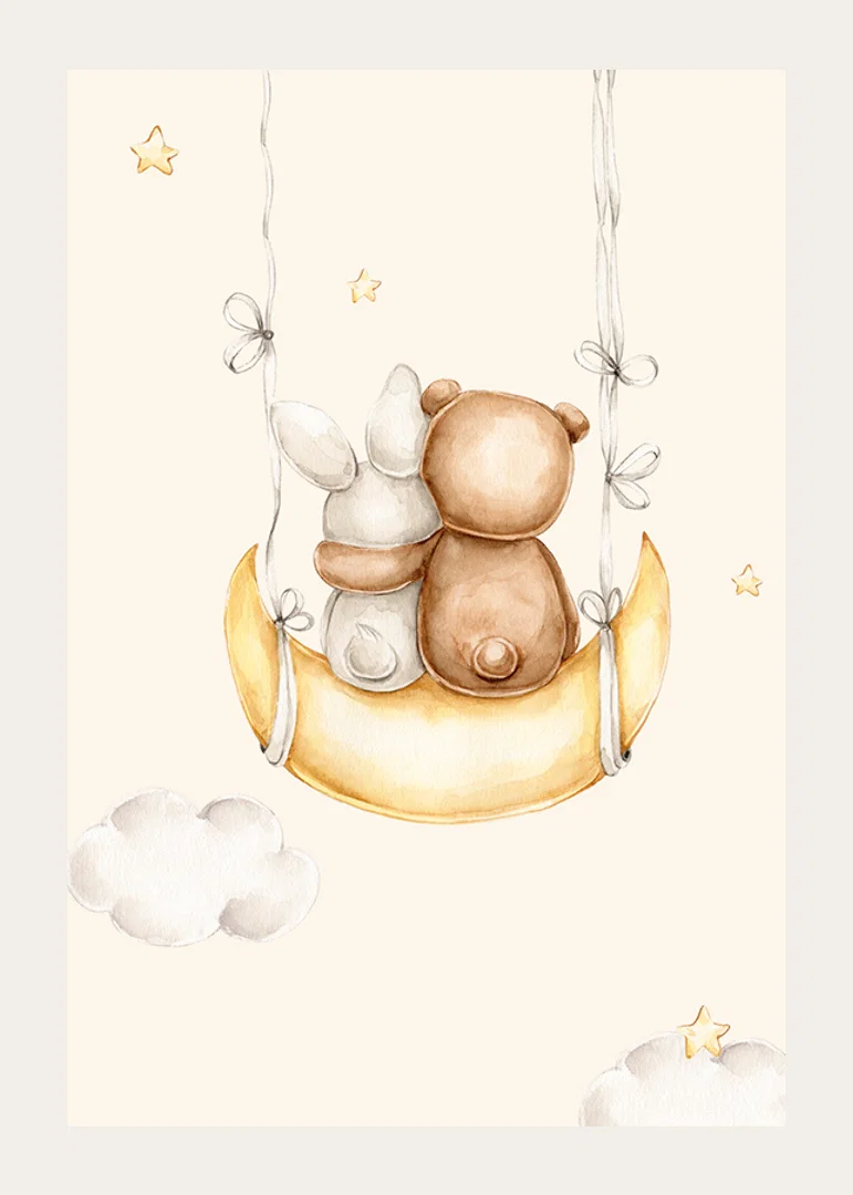 Watercolor illustration of rabbit and bear on moon swing-12