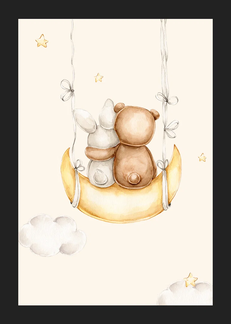 Watercolor illustration of rabbit and bear on moon swing-12