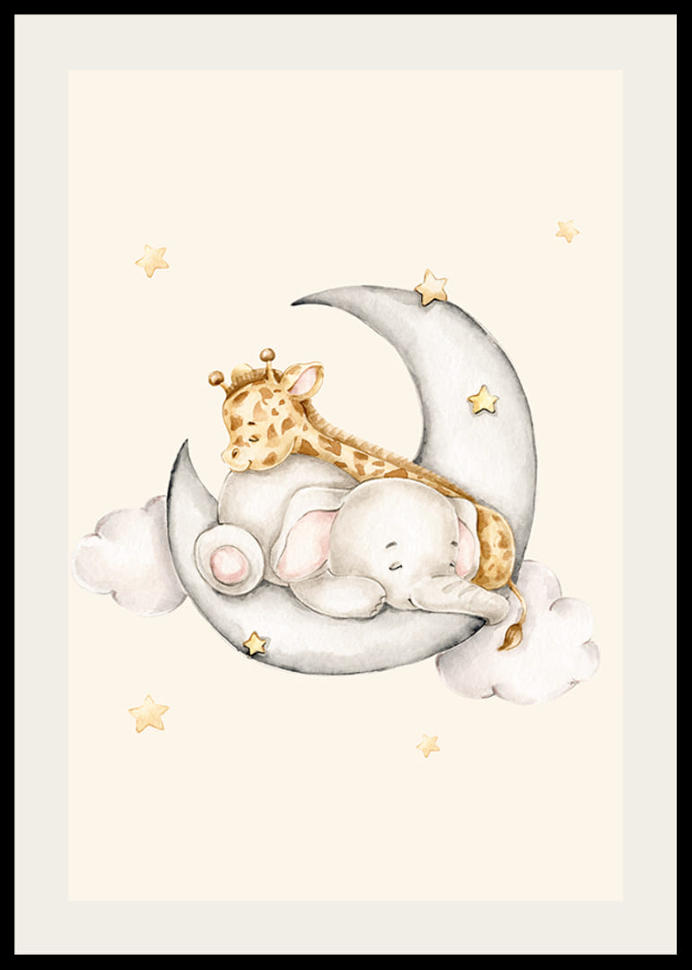 Acuarelă cu elefant și girafă dormind pe semilună printre stele-12