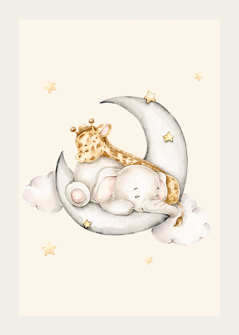 Acuarelă cu elefant și girafă dormind pe semilună printre stele-12