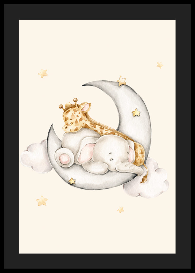 Acuarelă cu elefant și girafă dormind pe semilună printre stele-12